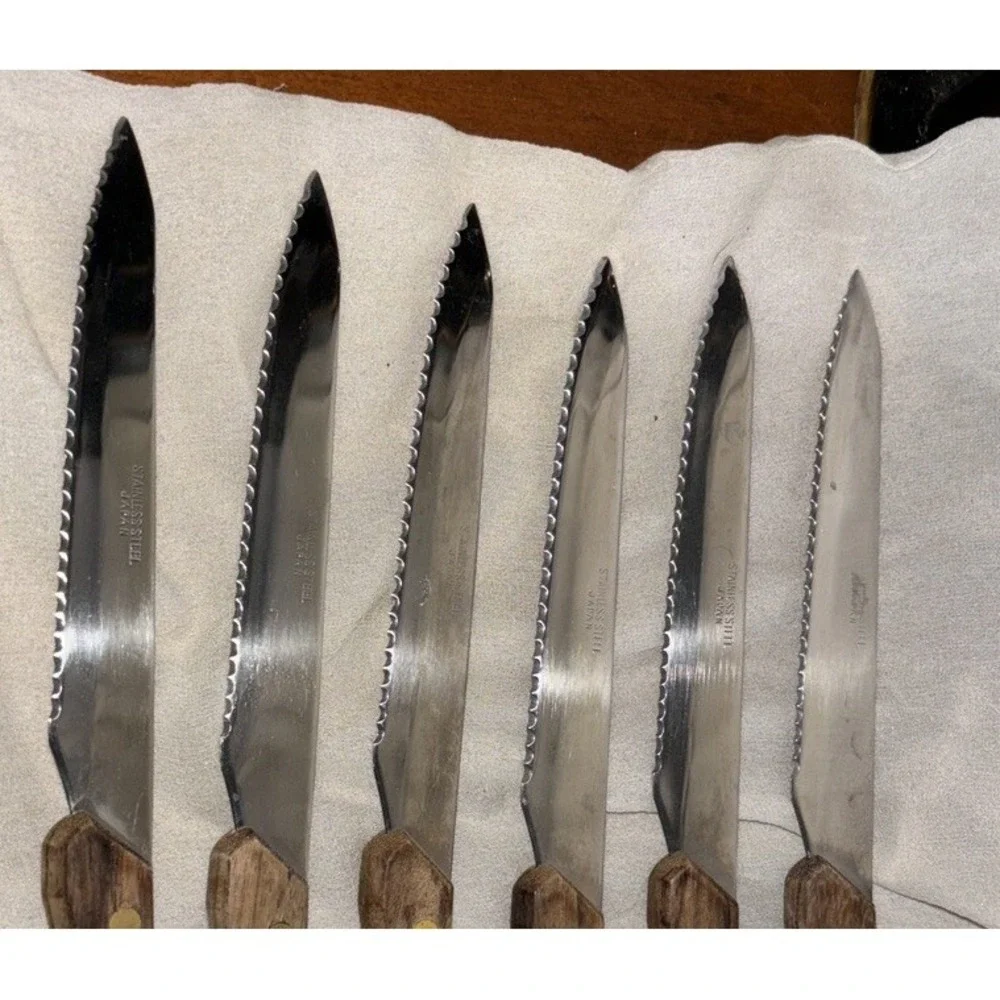 Vtg 6‎ Serrated Steak Knives Stainless Steel Wood Handle With End Loop Japan